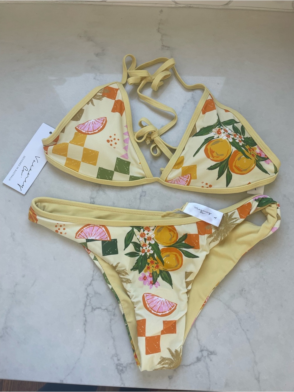 Lemon Yellow Citrus Bliss 🍋🍊🍋‍🟩Triangle Bikini 👙 - Sz L - New Never Worn